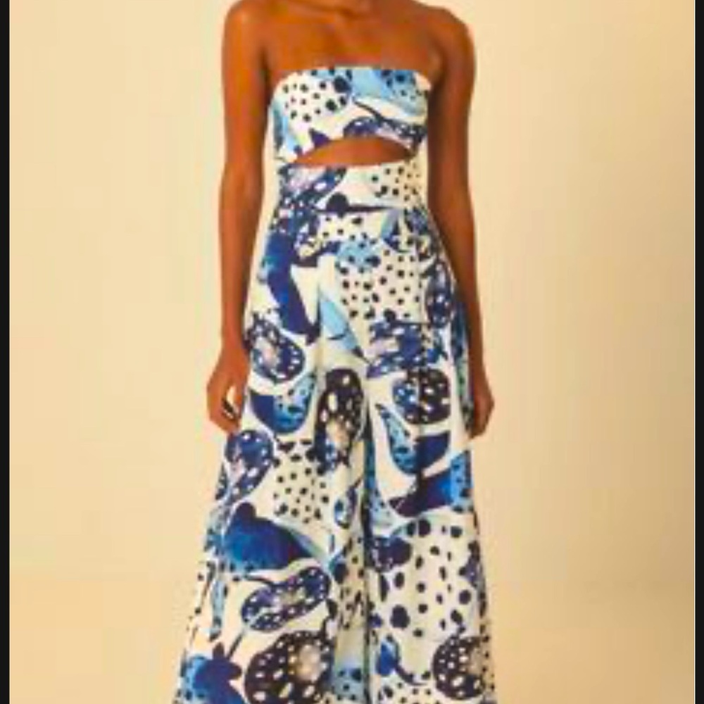 Farm Rio| Flowing Beauty Blue and White Strapless Jumpsuit. Beach, vacation